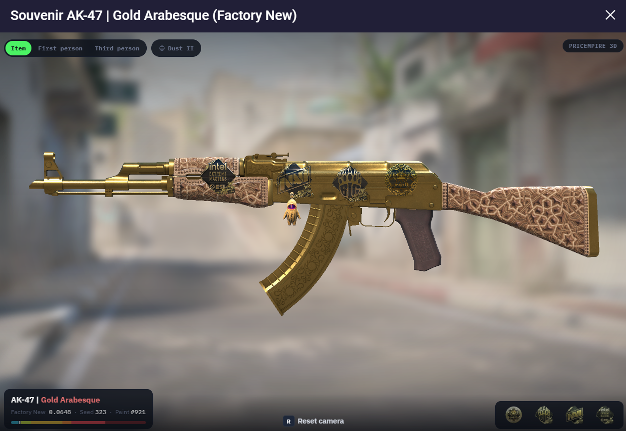 AK-47 | Gold Arabesque with stickers and a charm in the Skin.Land 3D viewer - buy on Skin.Land