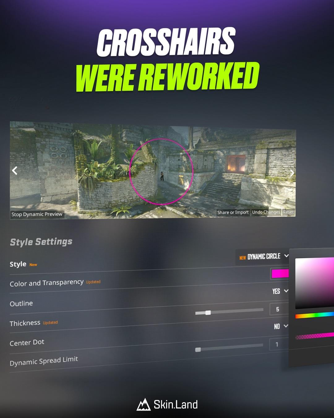 Zakładka ustawień Crosshair/Scopes w CS2 z przebudowanymi opcjami stylu - Skin.Land